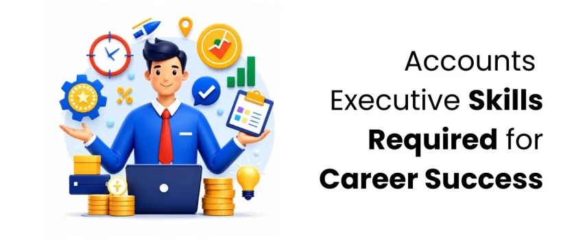 Accounts executive skills for career success illustration with finance icons.