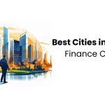 Professional illustration of the best cities in India for finance careers featuring a modern skyline and a finance professional.